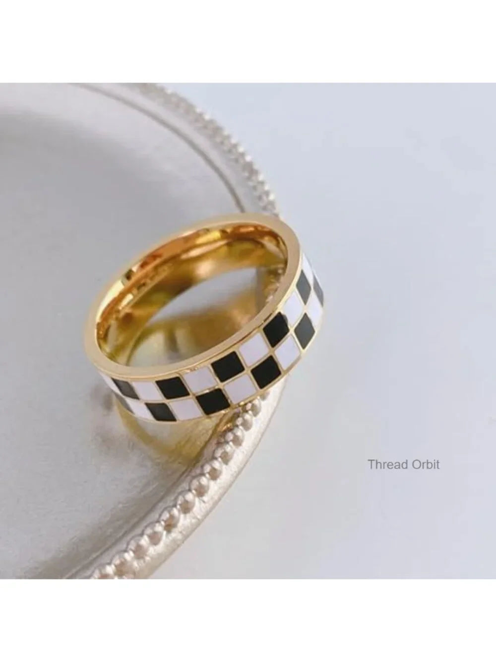 Checkerboard Band Ring 6mm Chunky Minimalist Stainless Steel Gold Plated